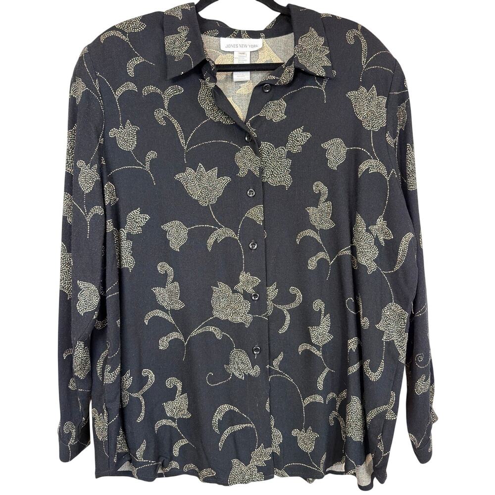 Jones New York 16W Black Cream Floral Shoulder Pad Long Sleeve Button Up Top